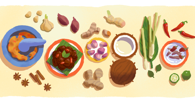 Google doodle celebrates the rendang, a Indonesian popular dish of meat stewed in coconut milk