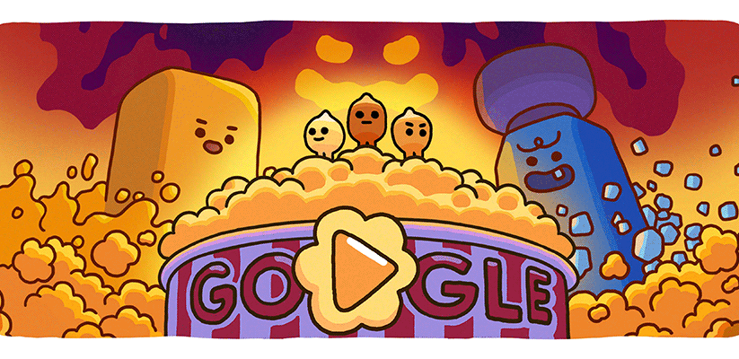 Google doodle celebrates the popcorn, a movie-time and classic late-night snack